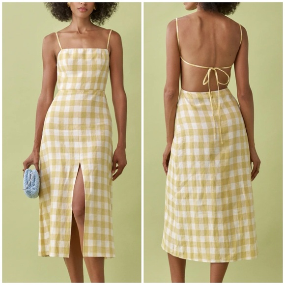 Reformation Nia Linen Gingham Check Midi Dress Yellow White Size 12 - Picture 1 of 4